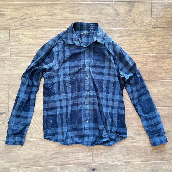 Theory Kyson Shirt Men's Size L Navy Blue Plaid Button Up Long Sleeve - Picture 1 of 8